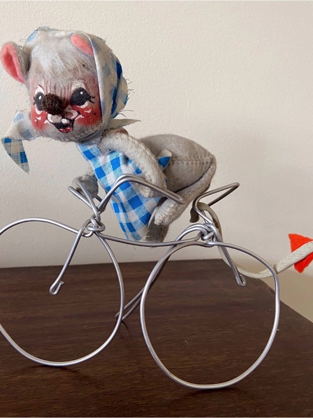 Vintage 1971 Annalee Girl Mouse Riding Biking Bike Bicycle Blue Gingham
